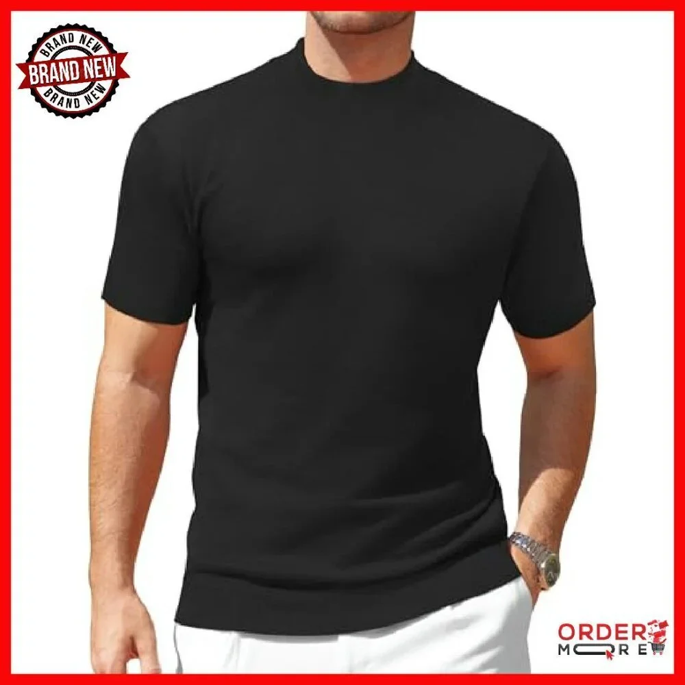 Men's Mock Turtleneck Short Sleeve Knit Pullover Sweater Casual Basic Tee